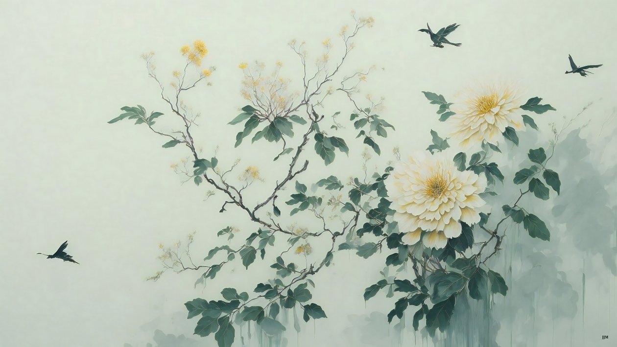 Tuschemalerei: Chrysanthemenblume in Grün_01 von Josef Johann Michel