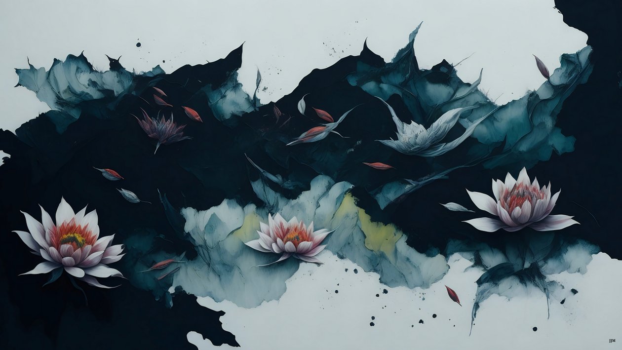 Tintenmalerei: Seerose schwarz 01 von Josef Johann Michel