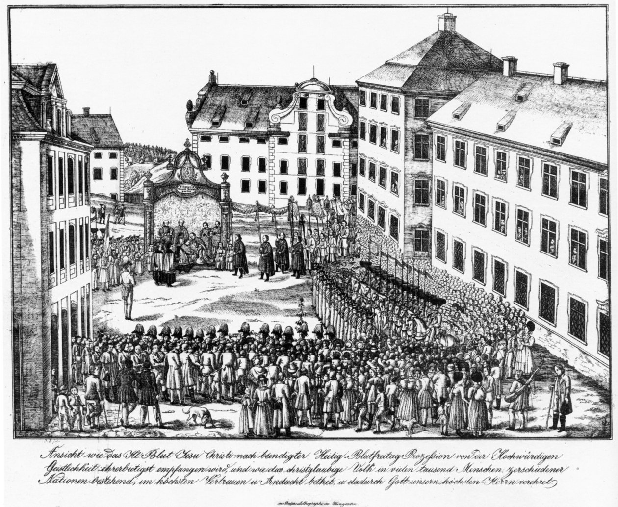 Weingarten, Klosterhof, Empfang der Heilig-Blut-Reliquie durch die Geistlichkeit nach der Heilig-Blut-Prozession, Anfang 1840er Jahre von Joseph Bayer