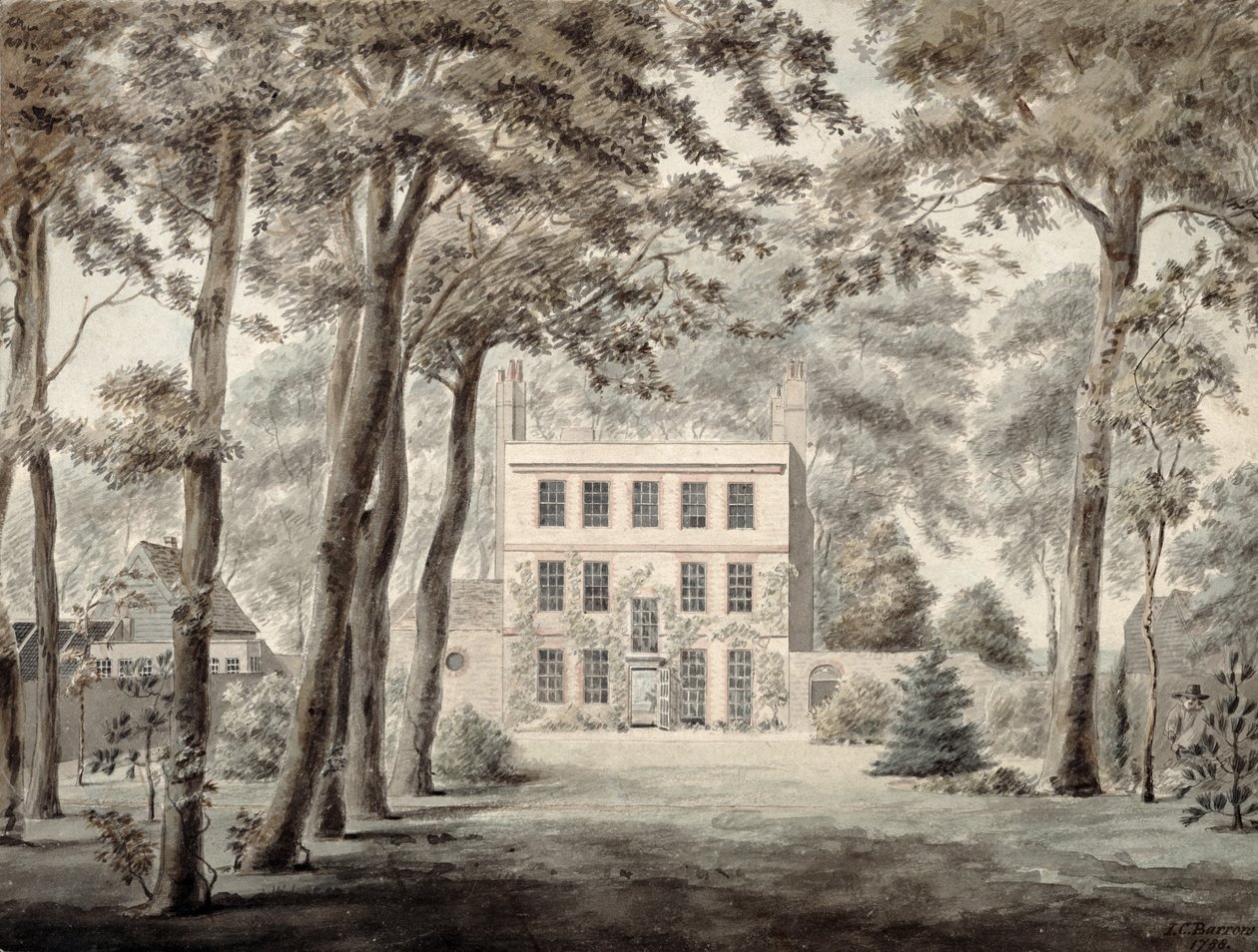 Ein Gärtner arbeitet auf dem Gelände eines eleganten Landhauses, 1788 von Joseph Charles Barrow