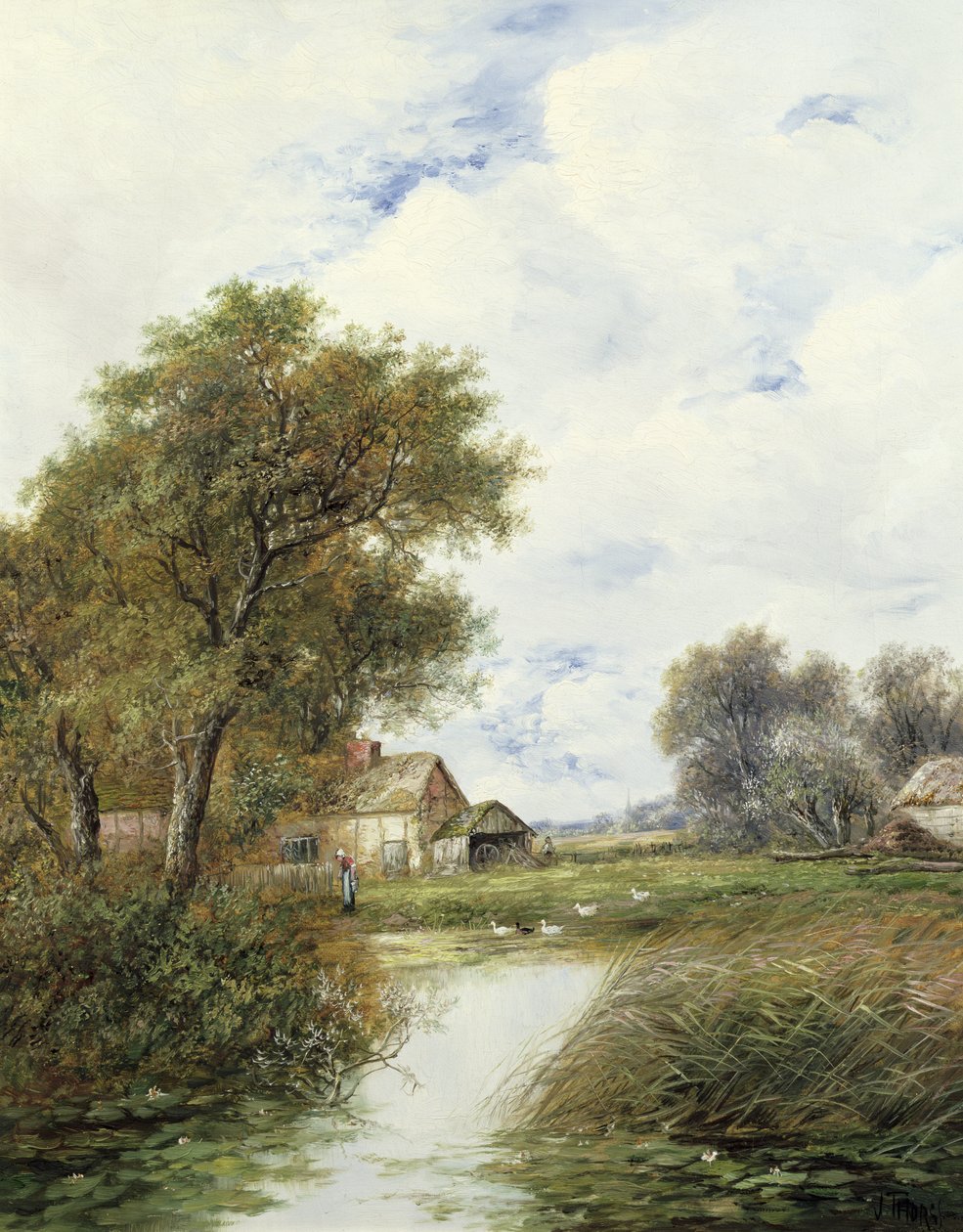 Teich mit Enten und Bauernhaus dahinter von Joseph Thors