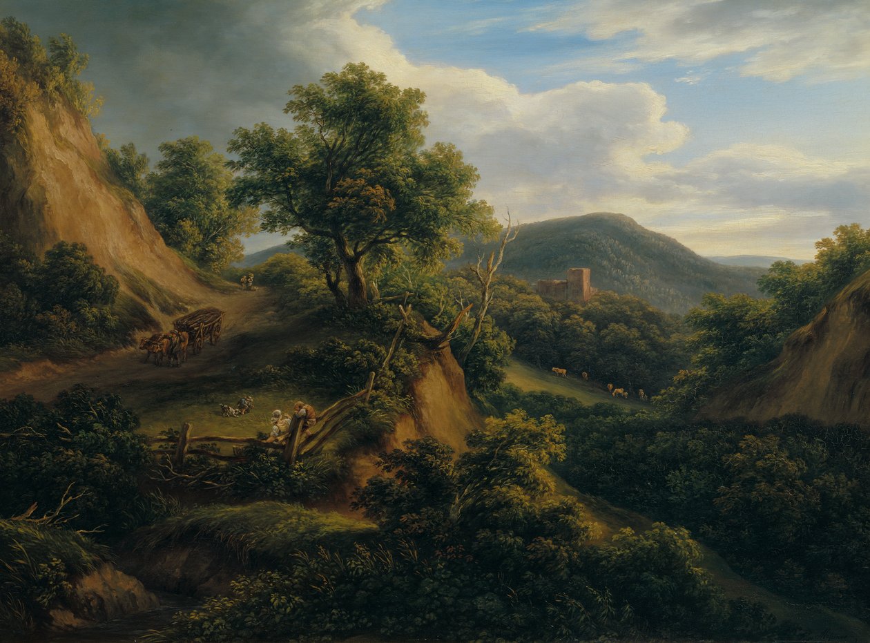 Waldige Berglandschaft mit Ruine von Joseph Mössmer