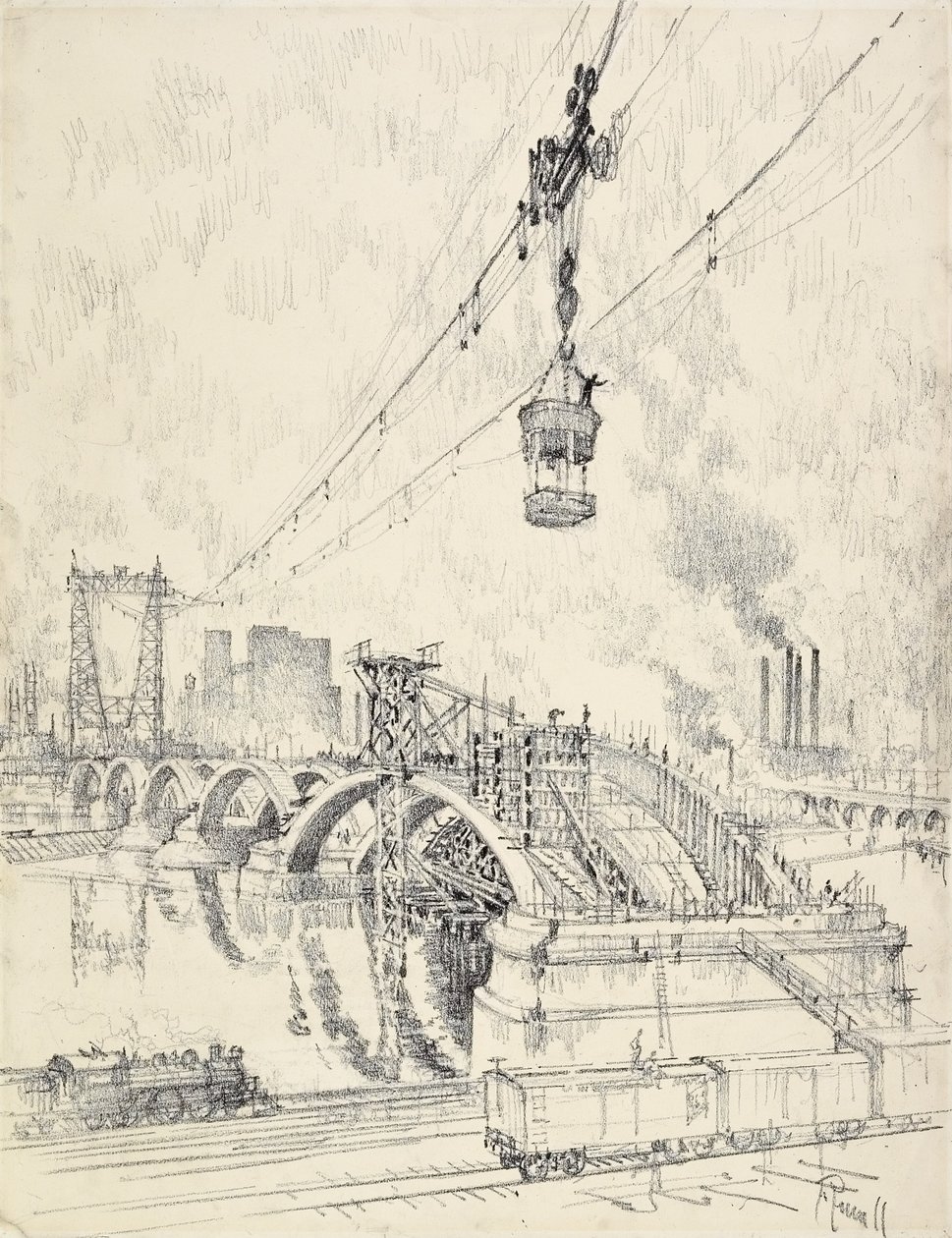 Bau der Brücke, Minneapolis, 1915 von Joseph Pennell
