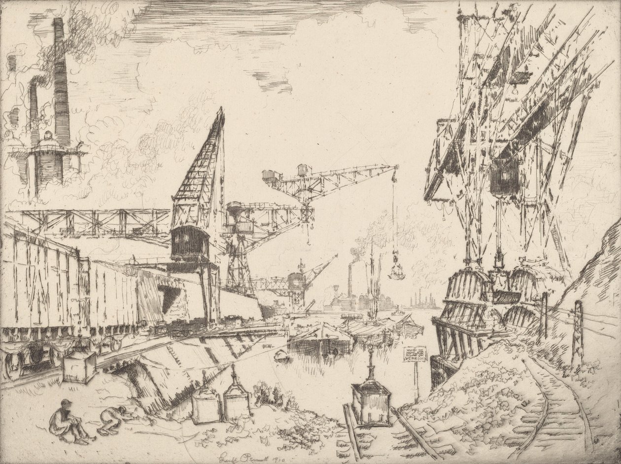 Kräne in Duisburg, 1910 von Joseph Pennell