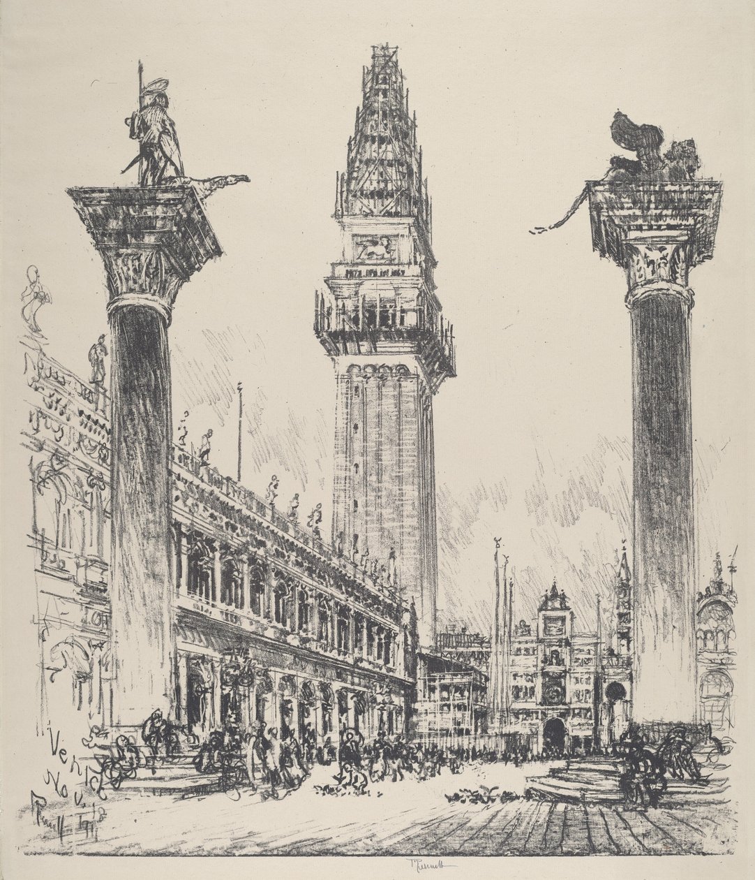 Venedig, Wiederaufbau des Campanile, 1911 von Joseph Pennell