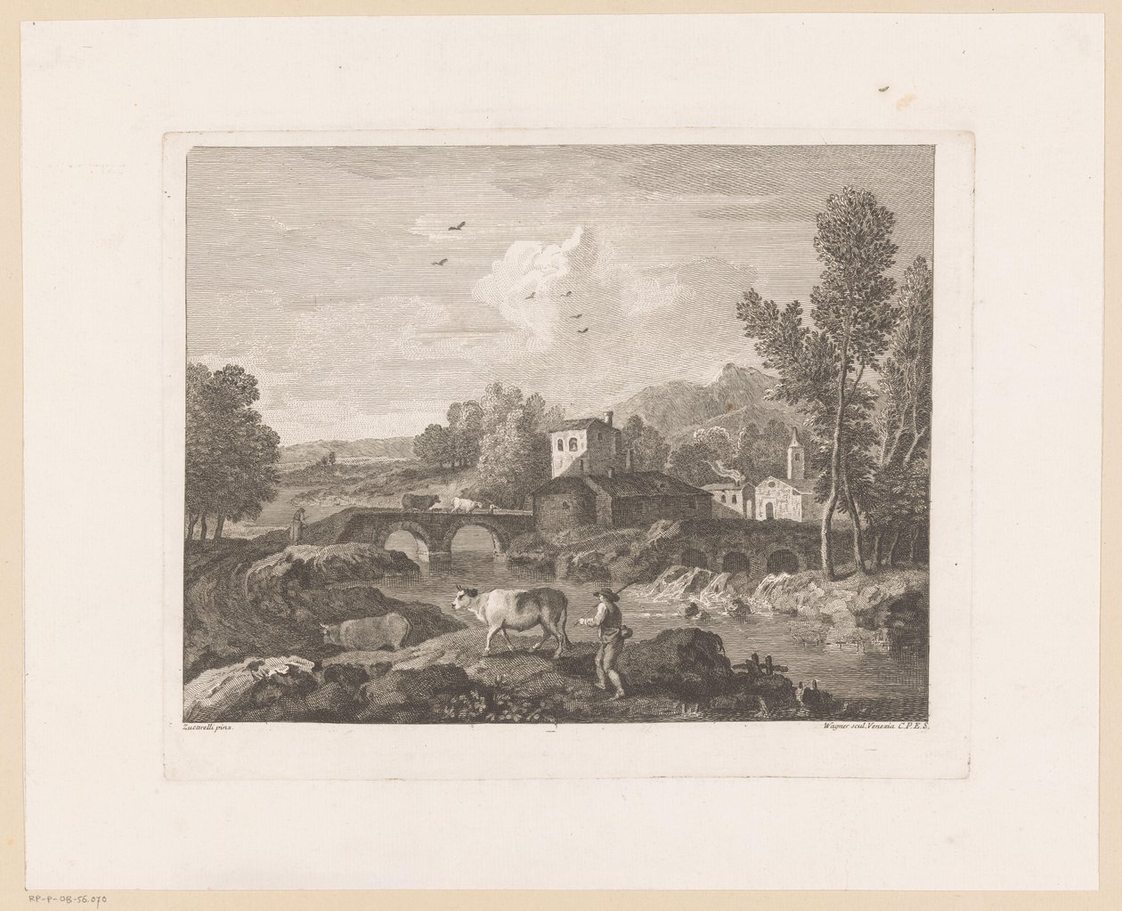 Flusslandschaft mit Hirte und Kühen auf der Brücke von Joseph Wagner
