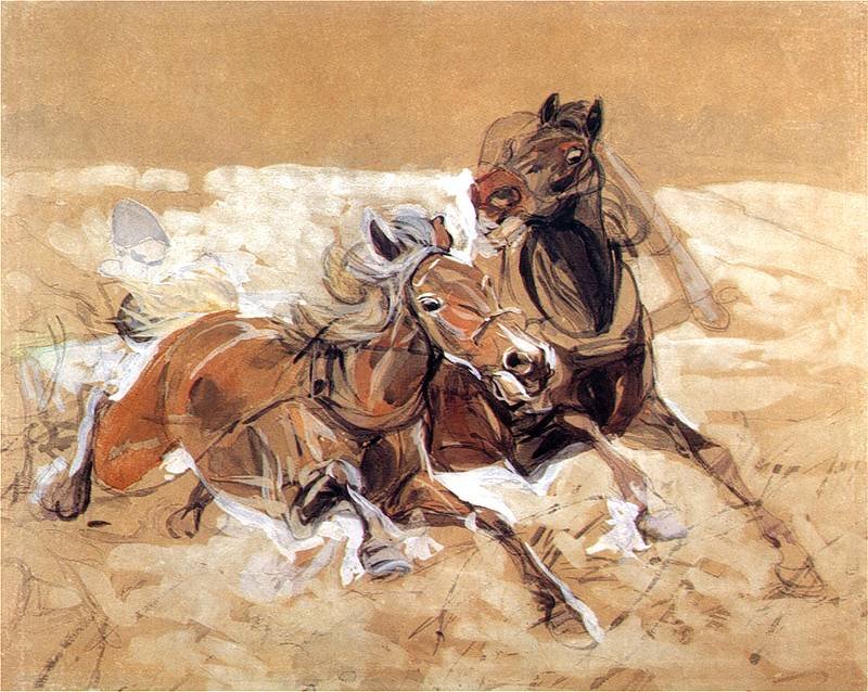 Pferdeentwurf zum Gemälde Wölfe greifen an von Jozef Marian Chemonski