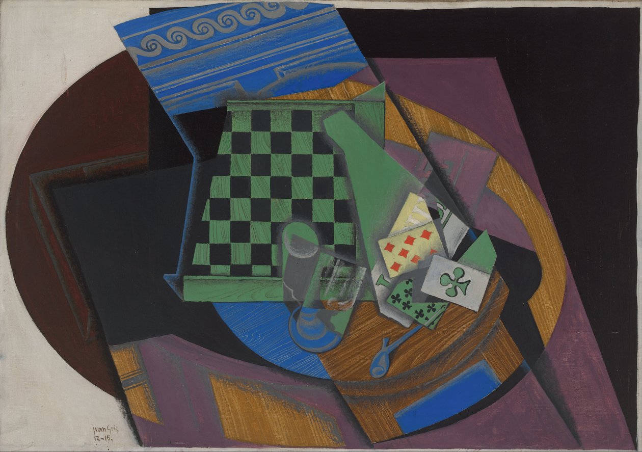 Schachbrett und Spielkarten, 1915 von Juan Gris