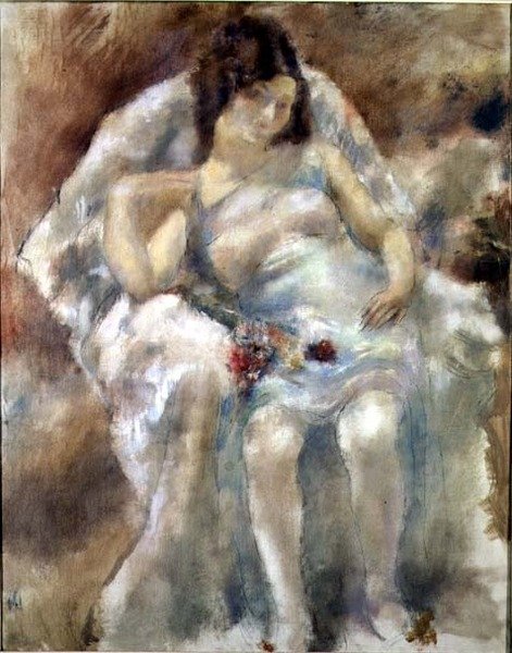 Junge Frau mit Blumen sitzend von Jules Pascin