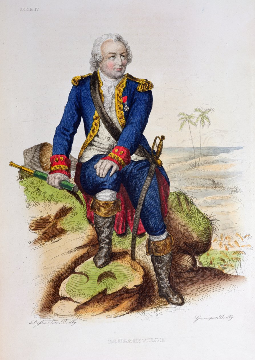 Louis Antoine de Bougainville (1729-1811) auf einem Felsen sitzend, Illustration aus 