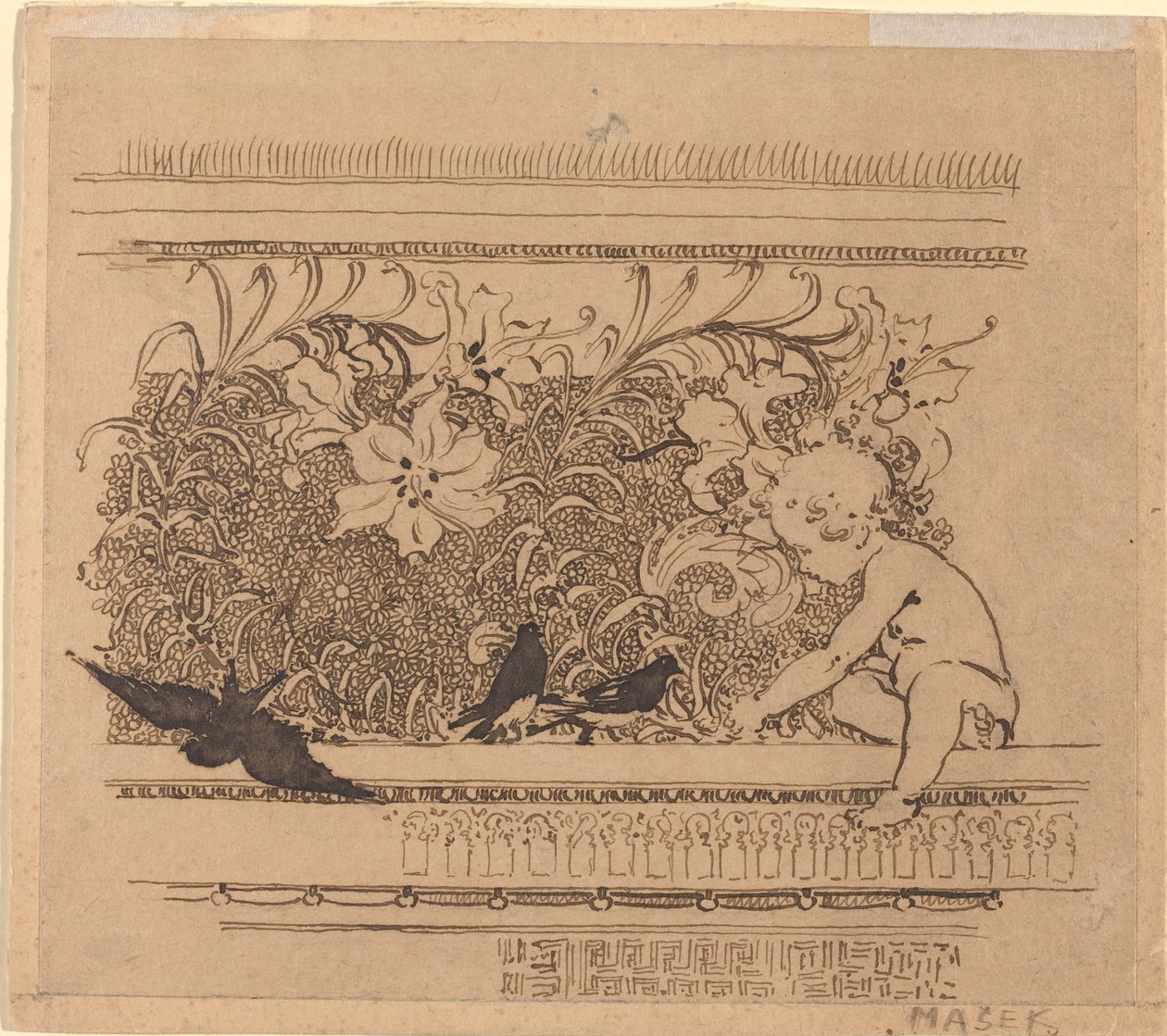 Ornamentales Design mit Vögeln und Lilie von Karel Vitezslav Masek