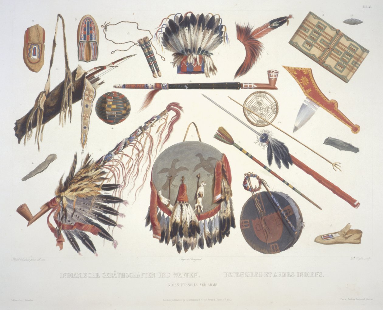 Indische Utensilien und Waffen, graviert von Du Casse, veröffentlicht 1841 von Karl Bodmer