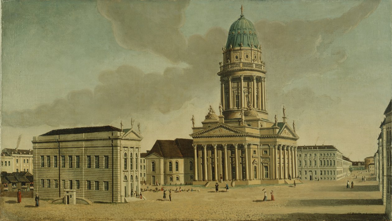 Ansicht des Gendarmenmarkts mit dem französischen Schauspielhaus und der Kathedrale, Berlin, 1788 von Karl Friedrich Fechhelm