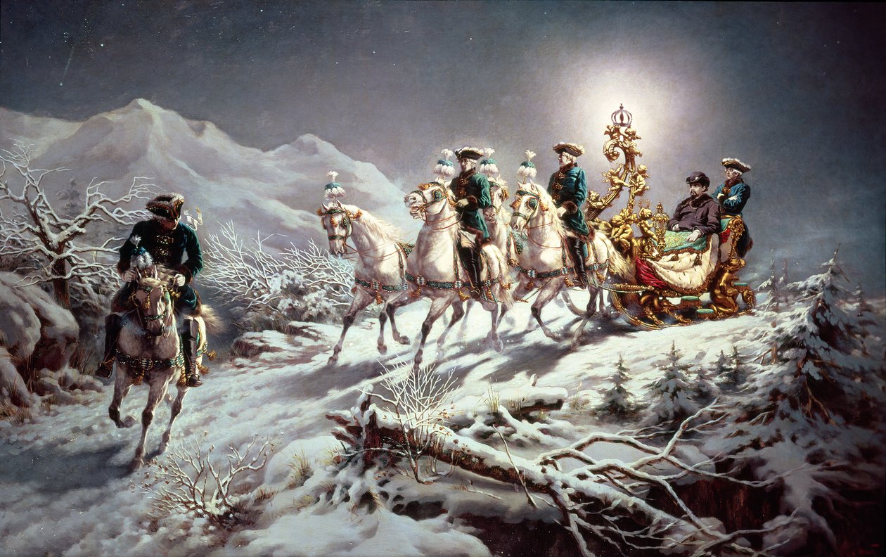 Ludwig II. (1845-86) von Bayern fährt nachts im Schlitten von Neuschwanstein nach Linderhof, 1888 von Karl Gottlieb Wenig