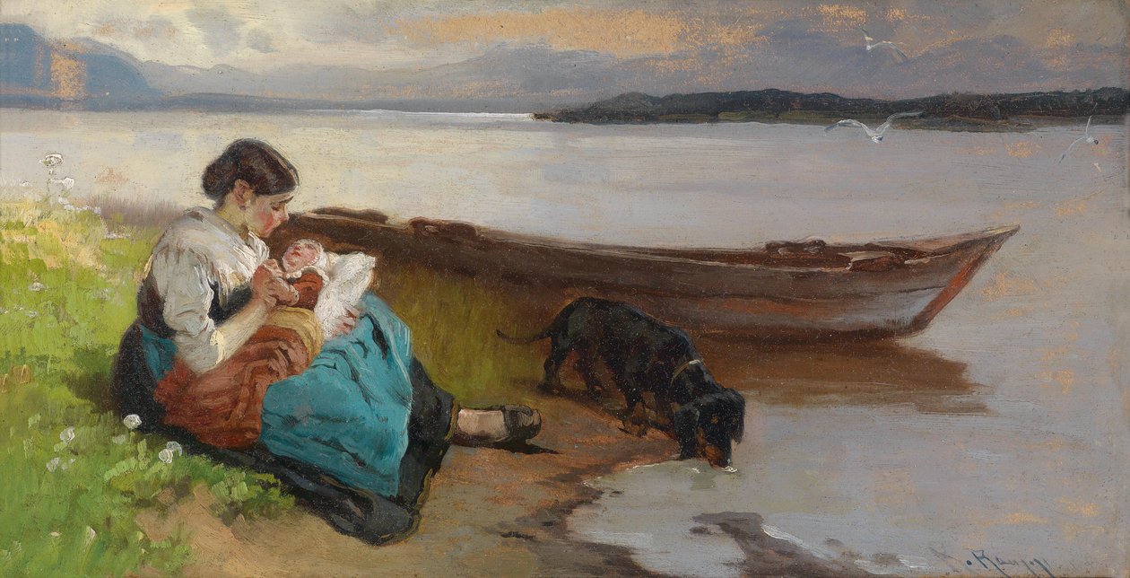 Mutter mit Kind am Ufer des Sees von Karl Raupp
