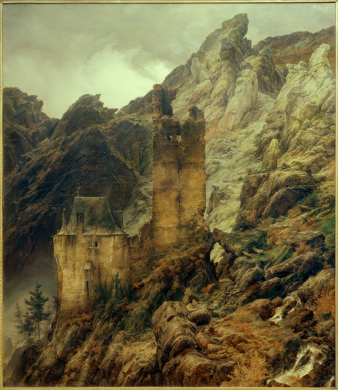 Carl Friedrich Lessing, Felsenlandschaft: Schlucht mit Ruinen von Carl Friedrich Lessing