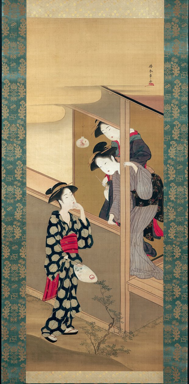 Drei Schönheiten plaudern auf einer Veranda von Katsukawa Shunsho