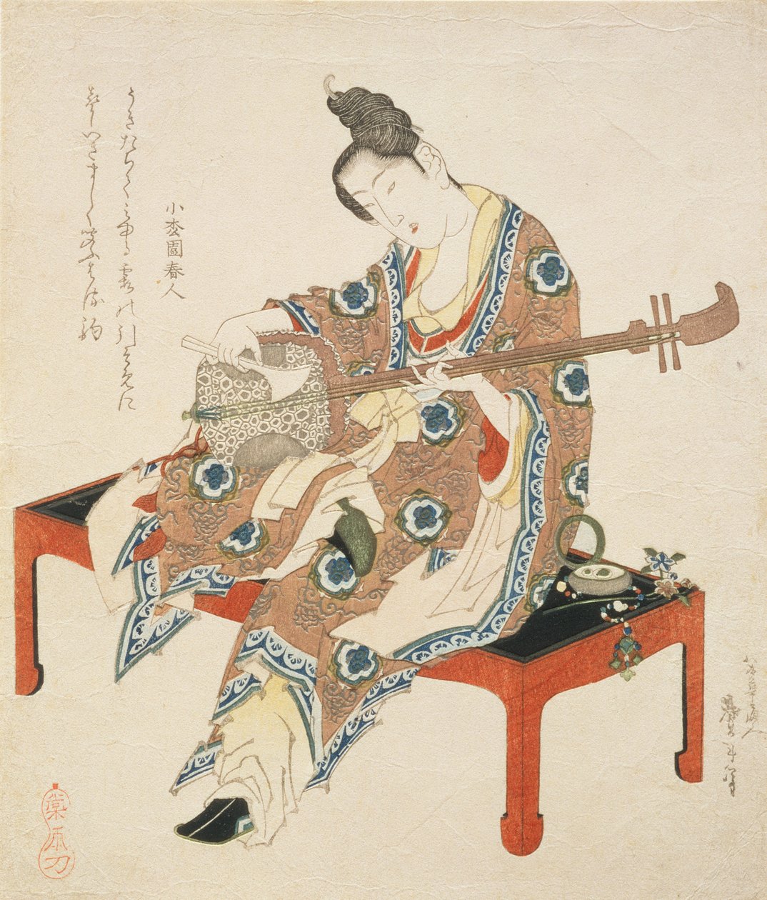 Chinesische Schönheit spielt die Shamisen, ca. 1833-34 (Holzschnitt) von Katsushika II Taito