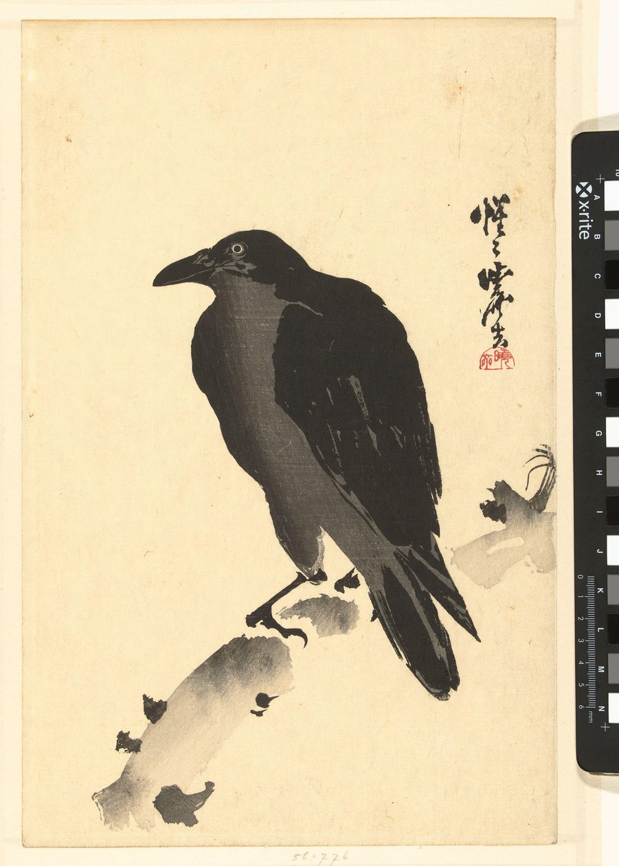 Krähe auf einem Baumstamm von Kawanabe Kyosai
