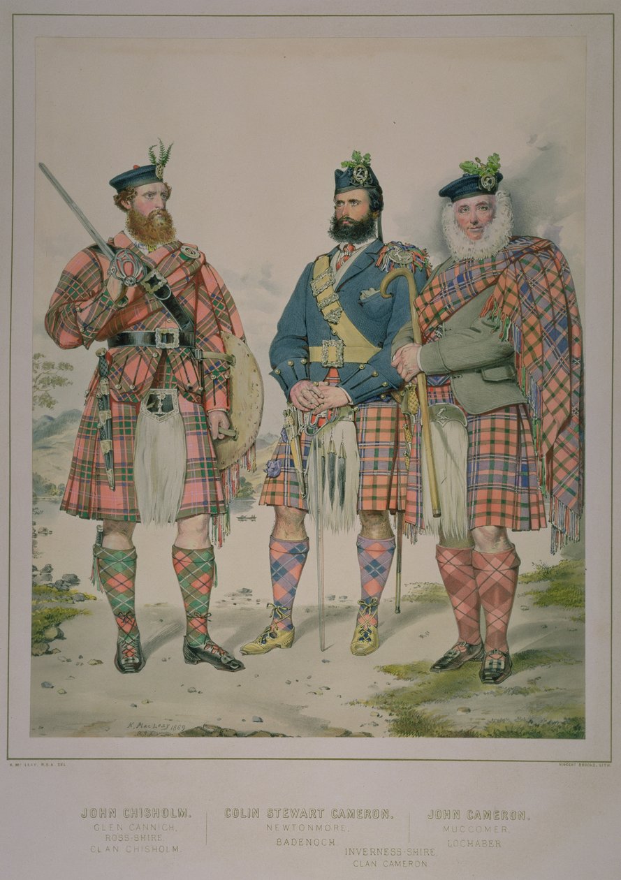 Dreifachporträt von John Chisholm, Colin Stewart Cameron und John Cameron, Männer des Clans Chisholm und Cameron, veröffentlicht im The Highlander of Scotland von 1870, 1869 von Kenneth Macleay