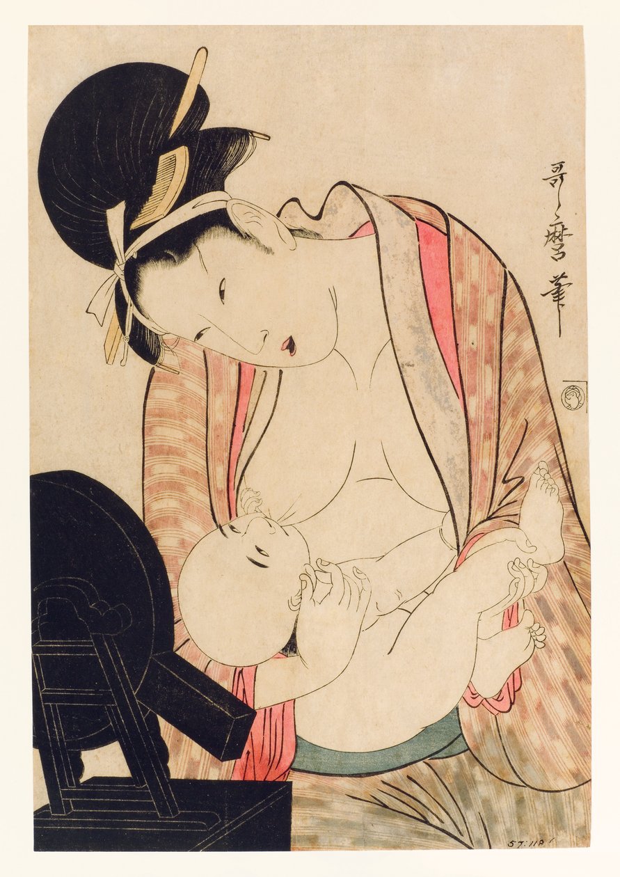 Mutter, die ihr Kind vor einem Spiegelstand stillt, ca. 1800-04 von Kitagawa Utamaro