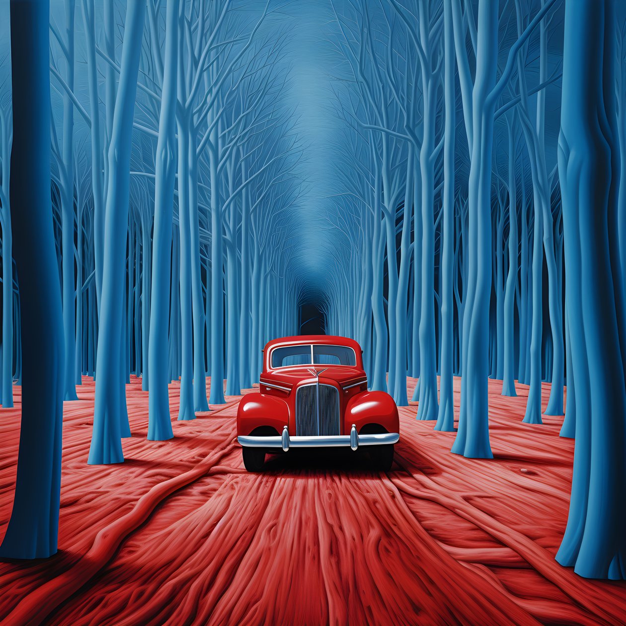 Blaues Auto in einem roten Wald von Kurt Heppke