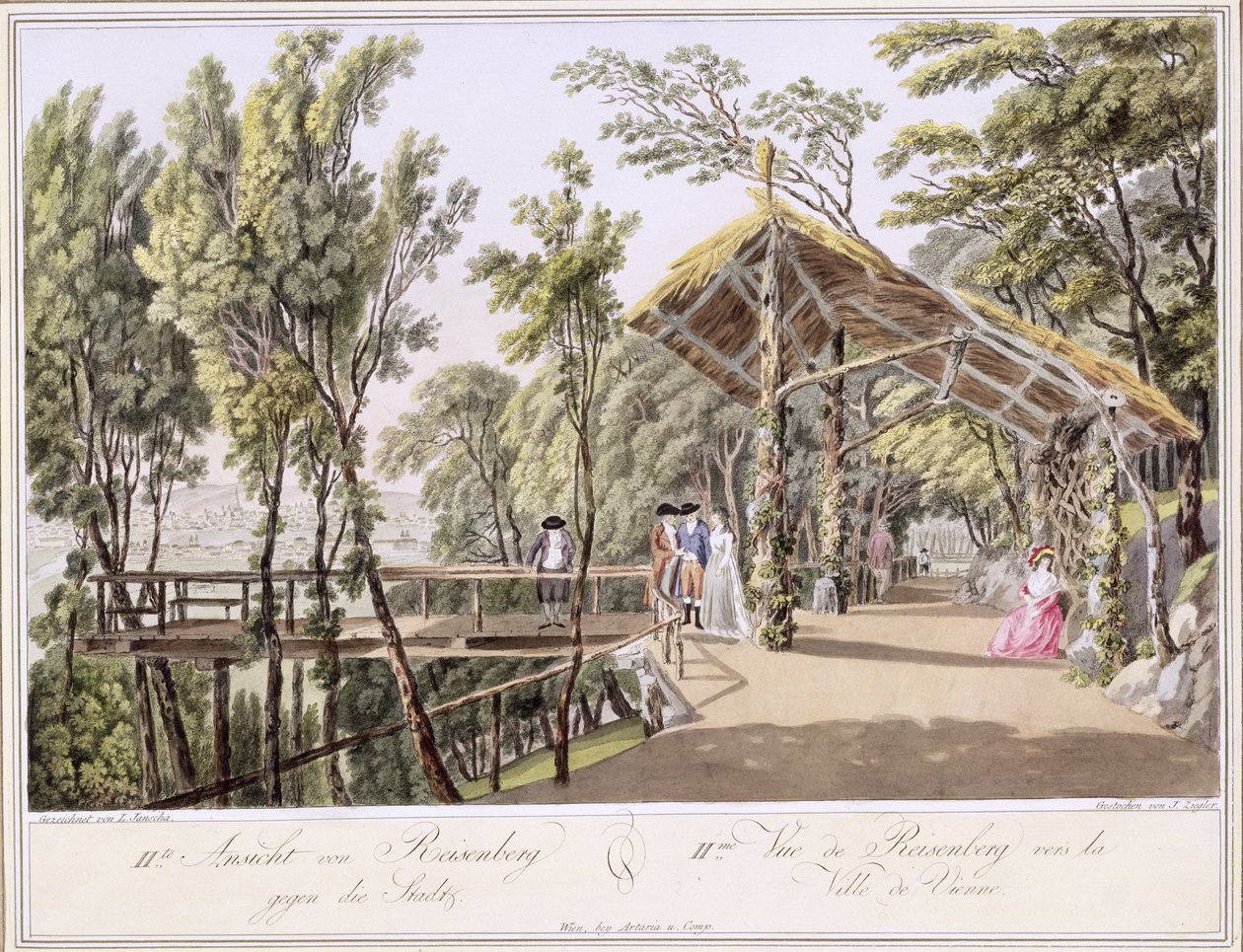 Ansicht der Reisenberg-Gärten in der Nähe der Stadt Wien, graviert von Johann Ziegler von Laurenz Janscha