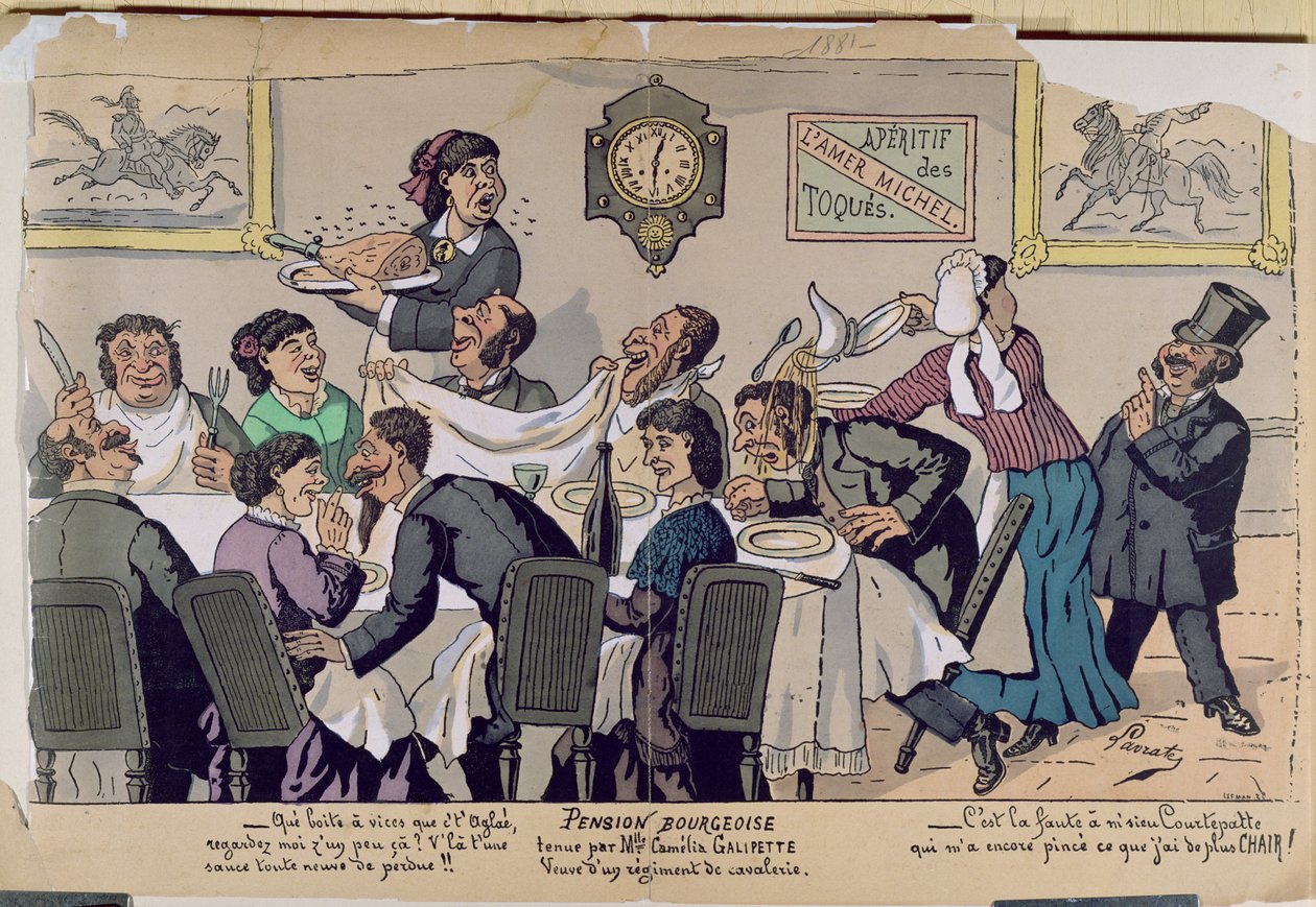 Mittelklasse-Pension, Karikatur, 1881 (Farbstich) von Lavrate