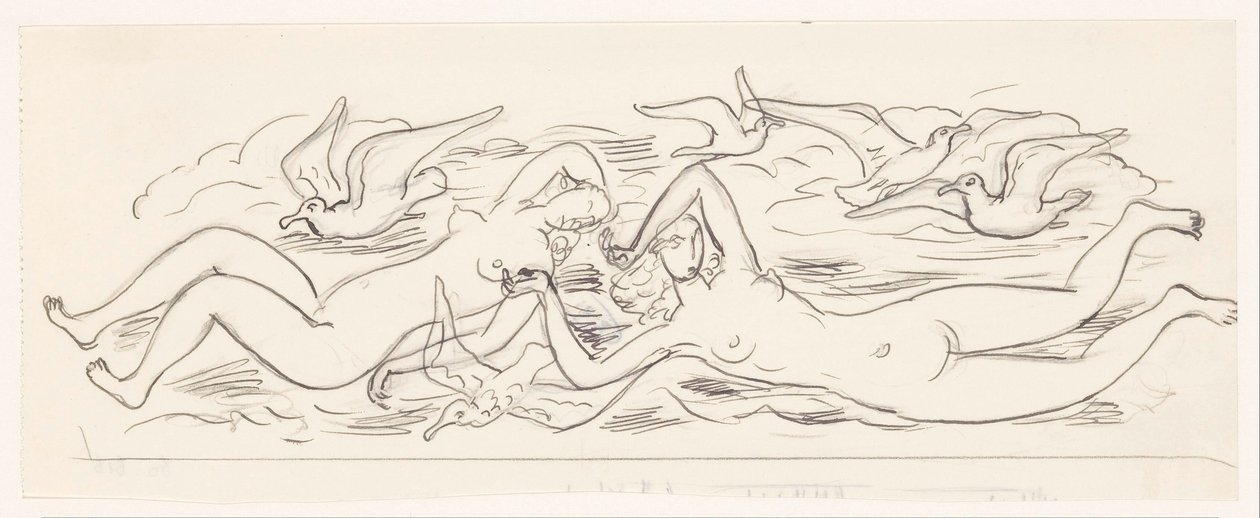 Zwei nackte schwimmende Frauen und fünf Möwen von Leo Gestel