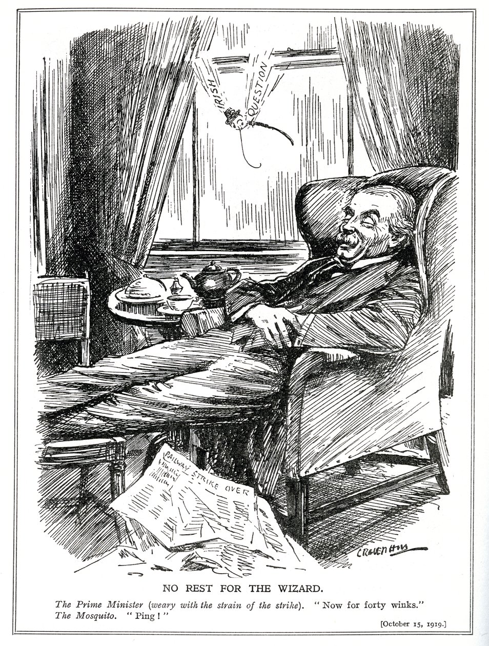Lloyd George wird durch die Schwierigkeiten verursacht durch industrielle Unruhen in Großbritannien und zusätzlich die Probleme Irlands, Oktober 1919, am Ausruhen gehindert von Leonard Raven Hill