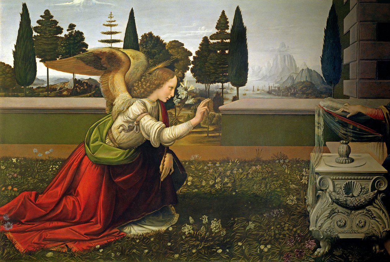 Erzengel Gabriel, aus der Verkündigung, 1472-75 (Detail) (nach der Restaurierung) von Leonardo da Vinci