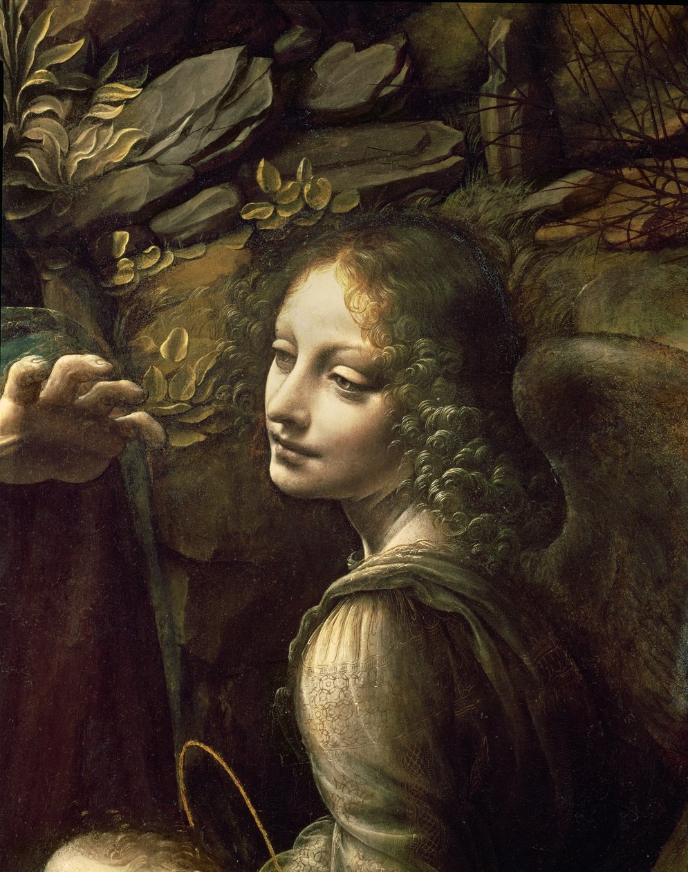 Detail des Engels, aus Die Jungfrau der Felsen (Die Jungfrau mit dem kleinen Johannes, der das kleine Christuskind anbetet, begleitet von einem Engel), ca. 1508 von Leonardo da Vinci