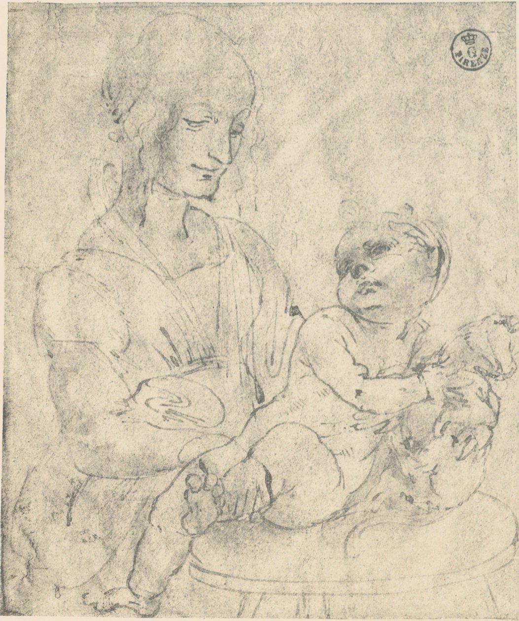 Die Jungfrau mit dem Kind, das ein Kätzchen streichelt, Zeichnung von Leonardo da Vinci, aufbewahrt in der Galerie der Uffizien von Leonardo da Vinci