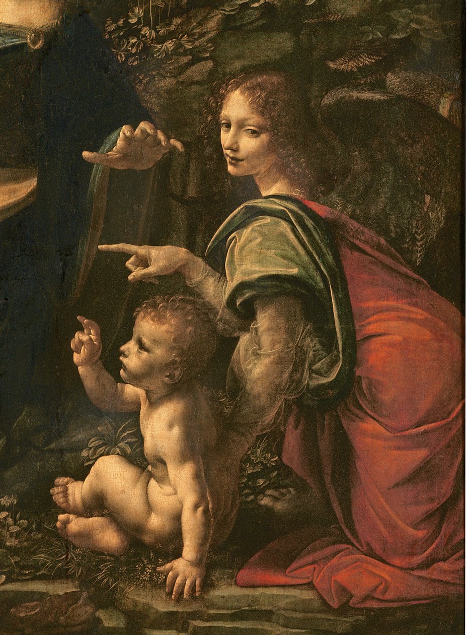 Madonna der Felsen (Detail von Heiligem Johannes und dem Engel) von Leonardo da Vinci