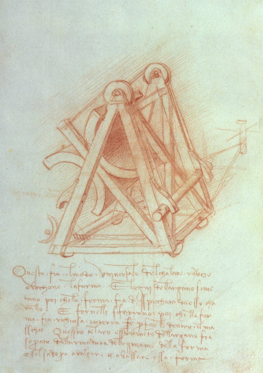 Studie des Holzgerüsts mit Gussform für das Sforza-Pferd, fol. 154v aus dem Codex Madrid II, ca. 1491-93 von Leonardo da Vinci