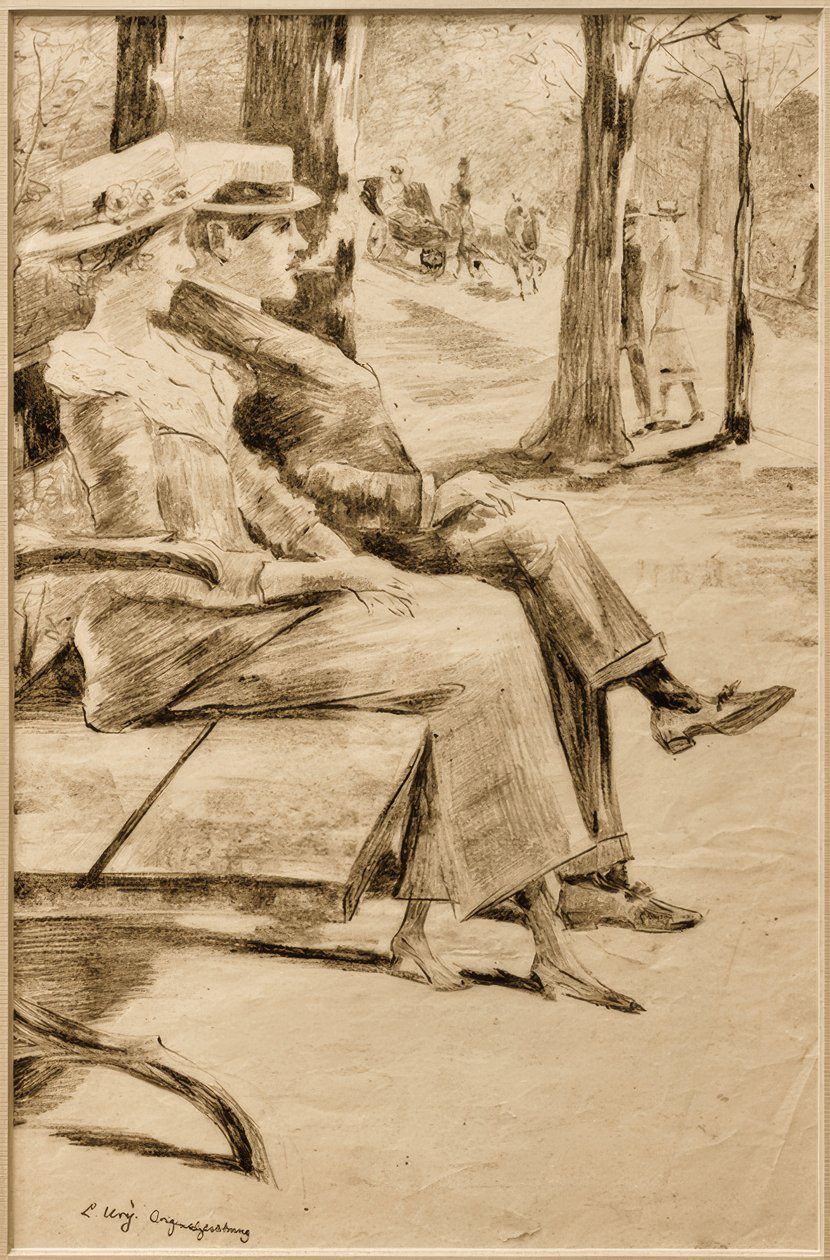 Dame und rauchender Herr auf einer Bank im Tiergarten von Lesser Ury