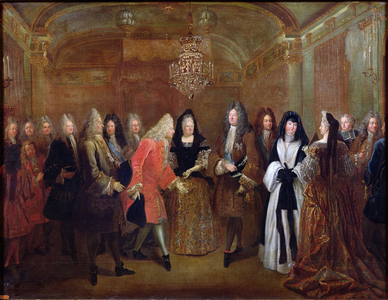 Ludwig XIV. (1638-1715) begrüßt den Kurfürsten von Sachsen, Friedrich August II. (1670-1733) in Fontainebleau, 27. September 1714, 1715 von Louis de Silvestre