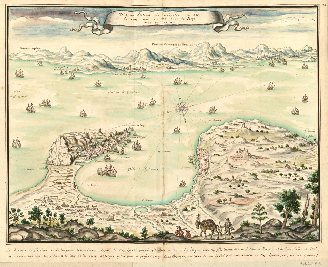 Ansicht der Straße von Gibraltar und Umgebung, mit den Gräben der Belagerung von 1704 von Louis Boudan