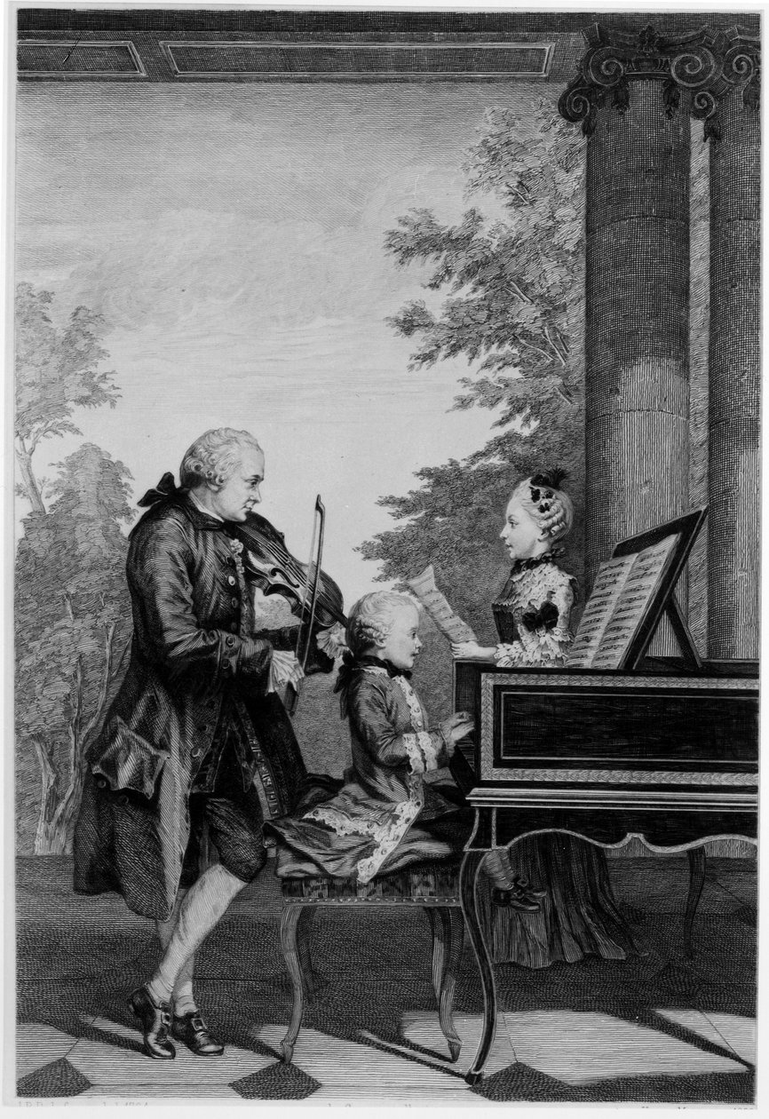 Leopold Mozart (1719-87) und seine zwei Kinder, Wolfgang Amadeus (1756-91) und Maria-Anna (Nannerl) (1751-1829) von Louis Carrogis dit Carmontelle