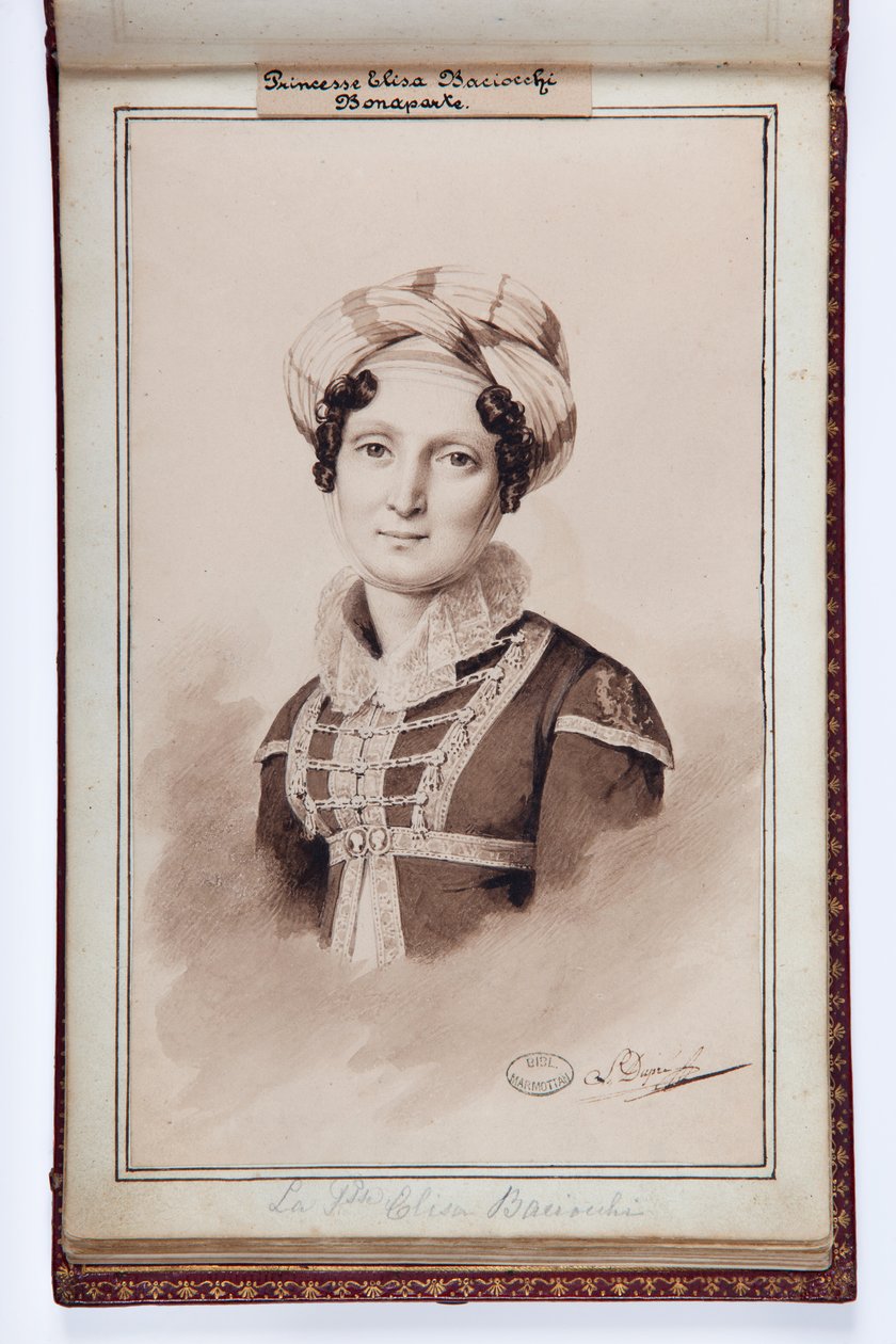 Porträt von Elisa Bonaparte, Prinzessin Baciocchi, Illustration aus dem kleinen Album von Elisa Bonaparte, ca. 1820 von Louis Dupré