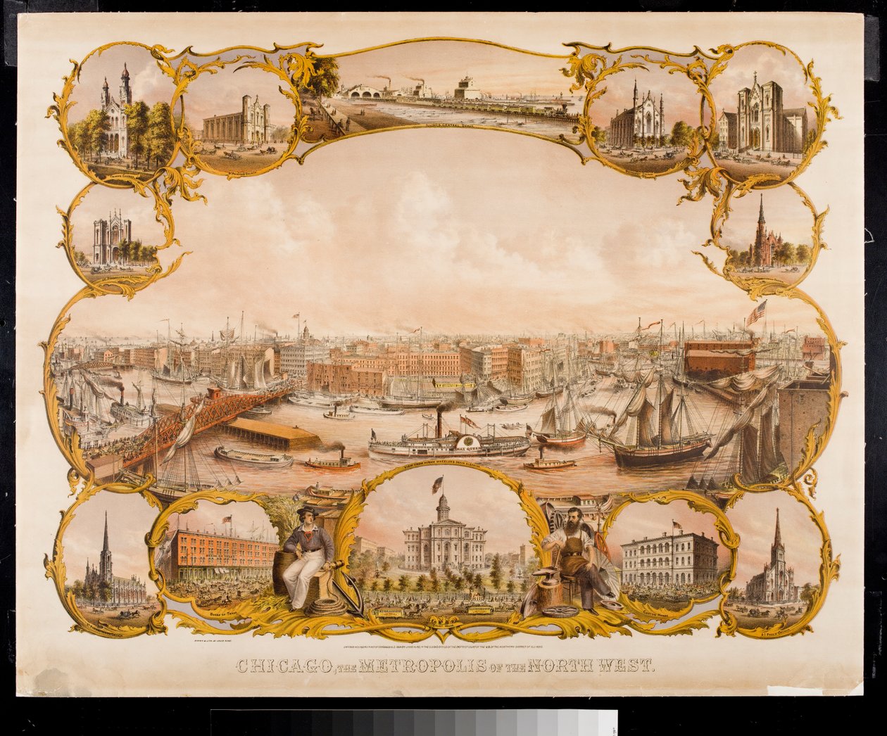 Lithographie von Chicago mit markanten Gebäuden von Louis Kurtz