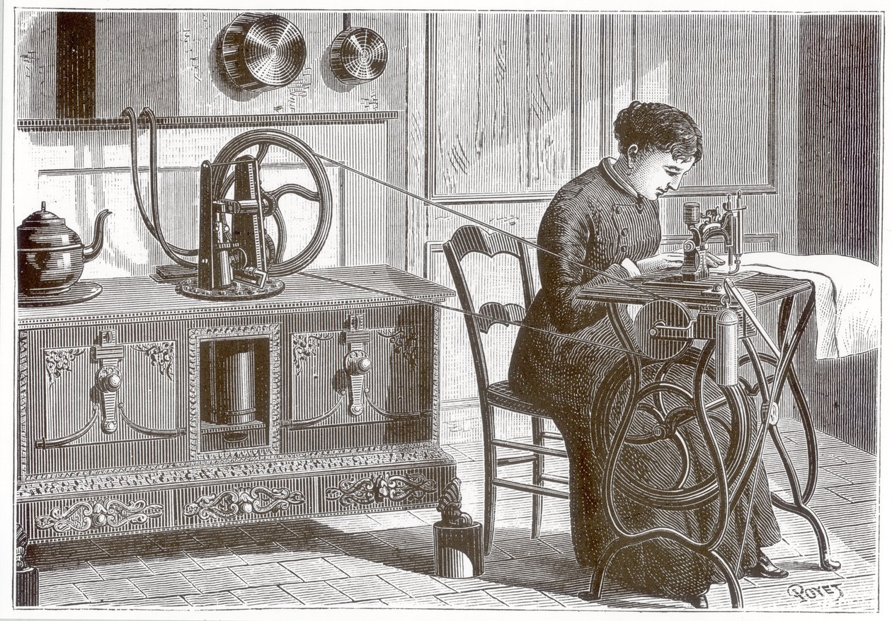 Daussins Dampfmaschine, auf dem Küchenherd erhitzt, wird verwendet, um eine Nähmaschine anzutreiben, aus 