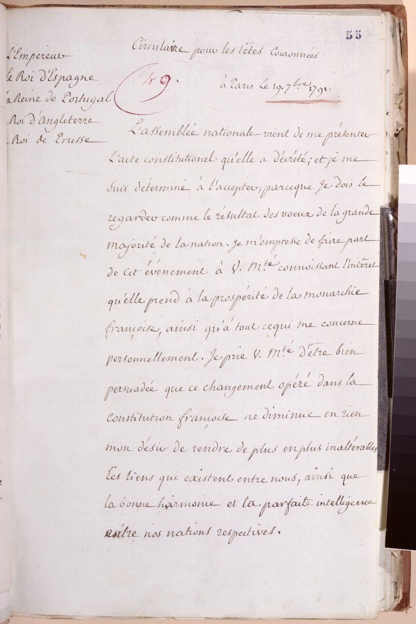 Brief an die europäischen Souveräne von Ludwig XVI. (1754-93), in dem er seine Entscheidung erklärt, die Verfassung von 1791 anzunehmen, 19. Juli 1791 von Louis XVI