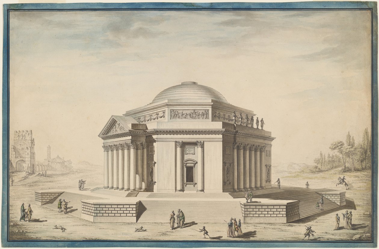 Sechseckiger Tempel in einer italienischen Landschaft von Louis Gustave Taraval