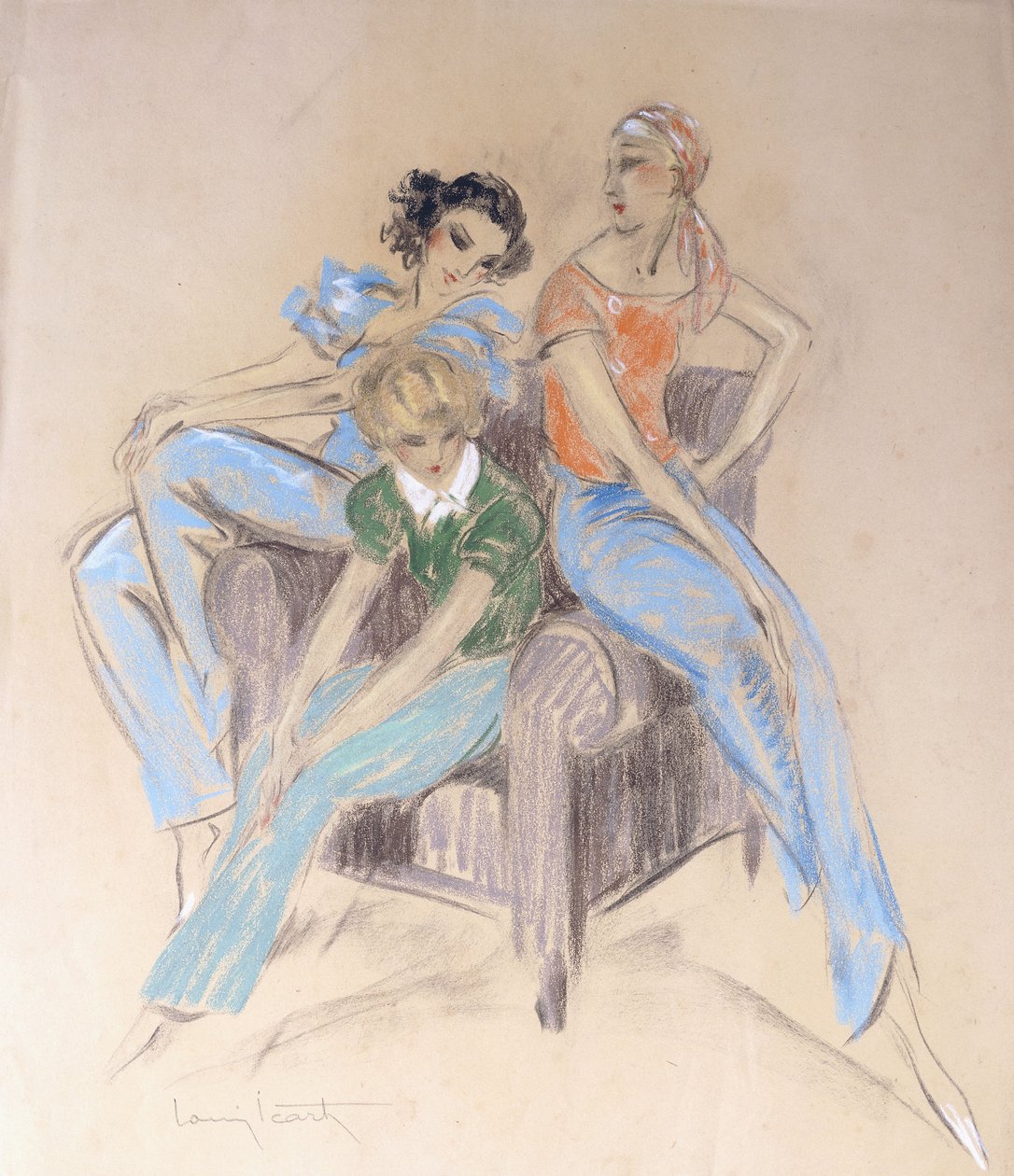Drei Mädchen auf einem Sessel sitzend von Louis Icart