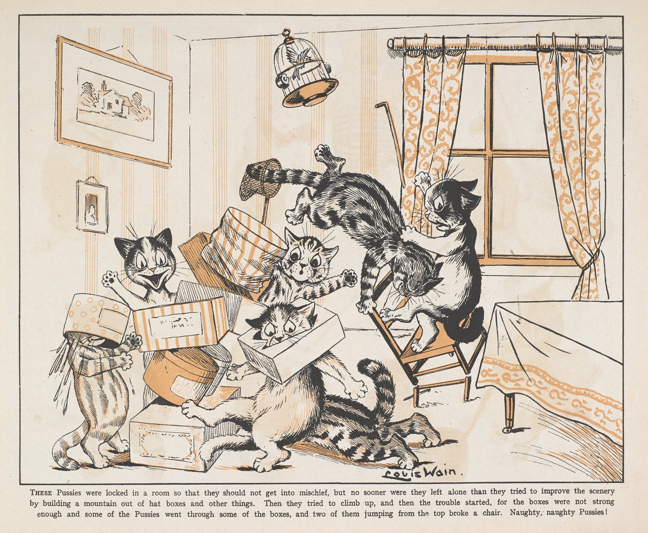 Katzen spielen mit Kisten in einem Raum von Louis Wain
