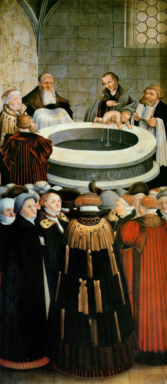 Triptychon, linkes Panel, Philipp Melanchthon führt eine Taufe durch, assistiert von Martin Luther; mittleres Panel, das letzte Abendmahl mit Luther unter den Aposteln; rechtes Panel, Luther beichtet; Luther von Lucas Cranach the Elder
