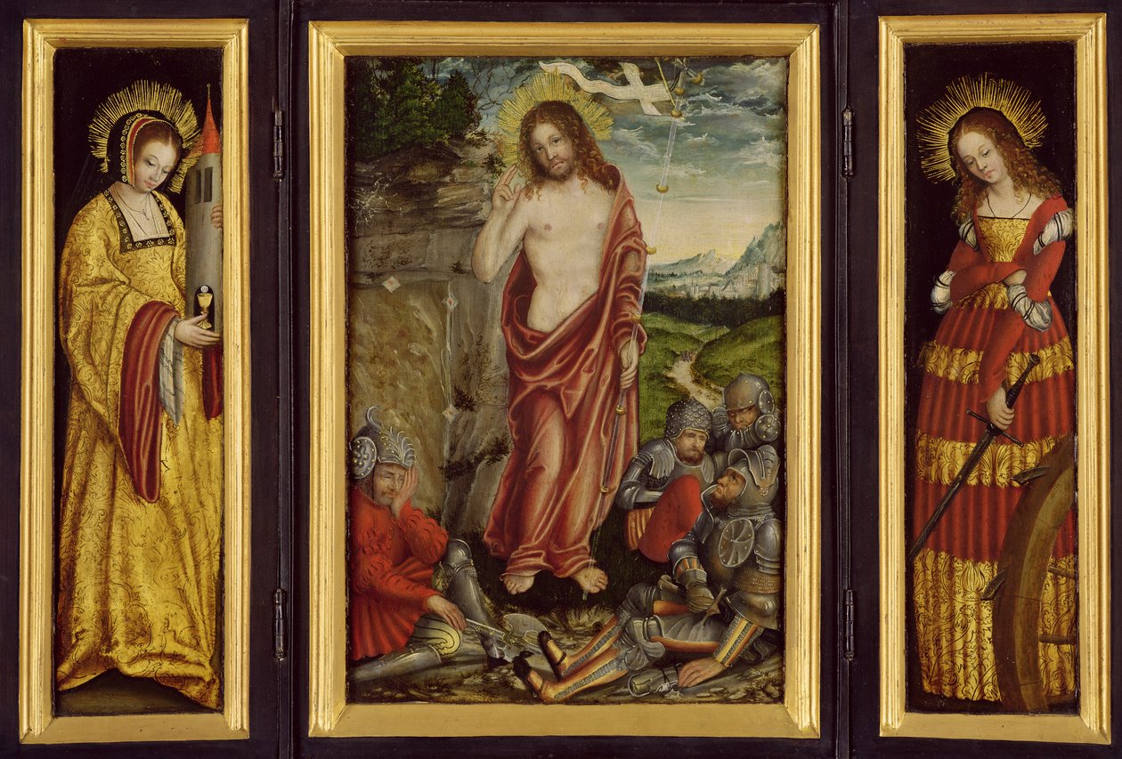 Kleiner Flügelaltar mit der Auferstehung Christi, St. Barbara (linker Flügel) und St. Katharina (rechter Flügel), 1508-10 von Lucas Cranach the Elder
