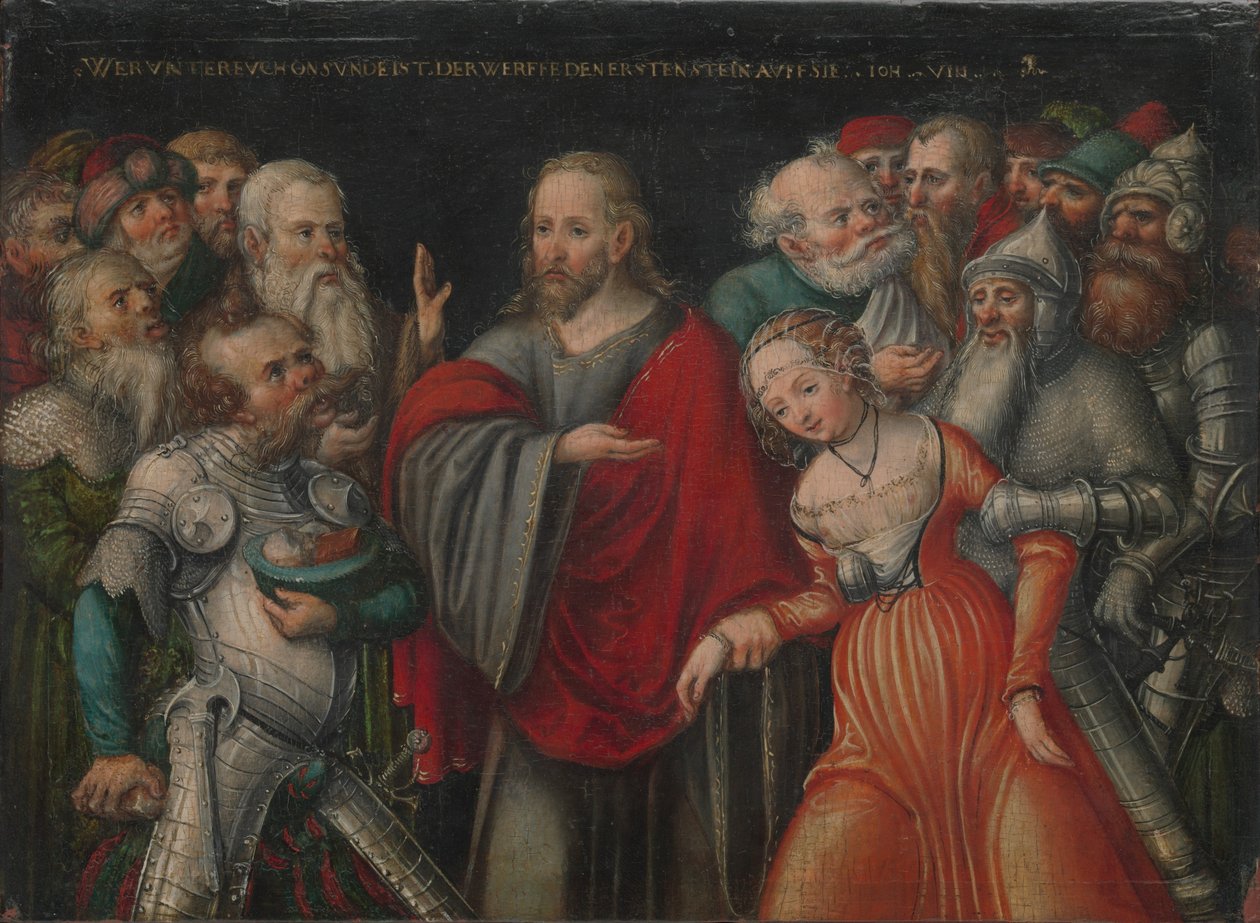 Christus und die Ehebrecherin von Lucas Cranach the Younger and workshop