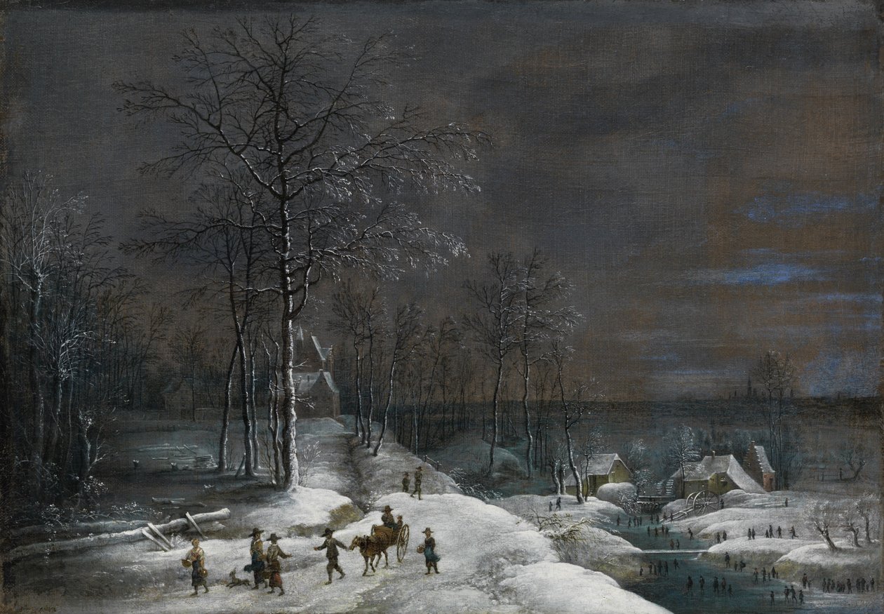Winterlandschaft mit verschneiter Wassermühle und Figurenstaffage von Lucas van Uden